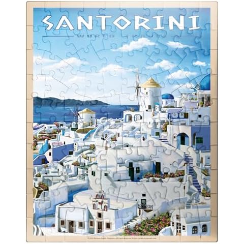 MyPuzzle Greece Santorini - in Blue and White, Vintage Travel Poster - Premium 100 Piece Jigsaw Puzzle for Adults Cover