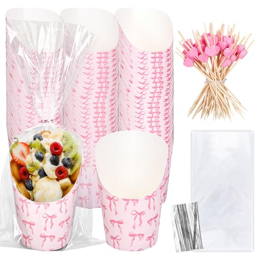 FYSUIMU 50Pcs Pink Bow Charcuterie Cups with Sticks Plastic Treat Goodie Bags Silver Twist Ties 14oz French Fries Cup Holder for Home Kitchen Wedding Baby Shower Birthday Party
