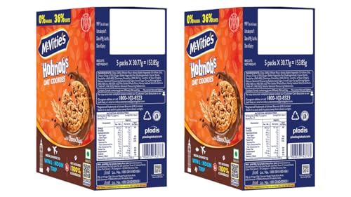 Image of McVities Hobnobs Oat Cookies With Chocochips - 0% Maida, Crunchy & Wholemeal, Trans Fat Free, 153.8 Gm - Pack Of 2