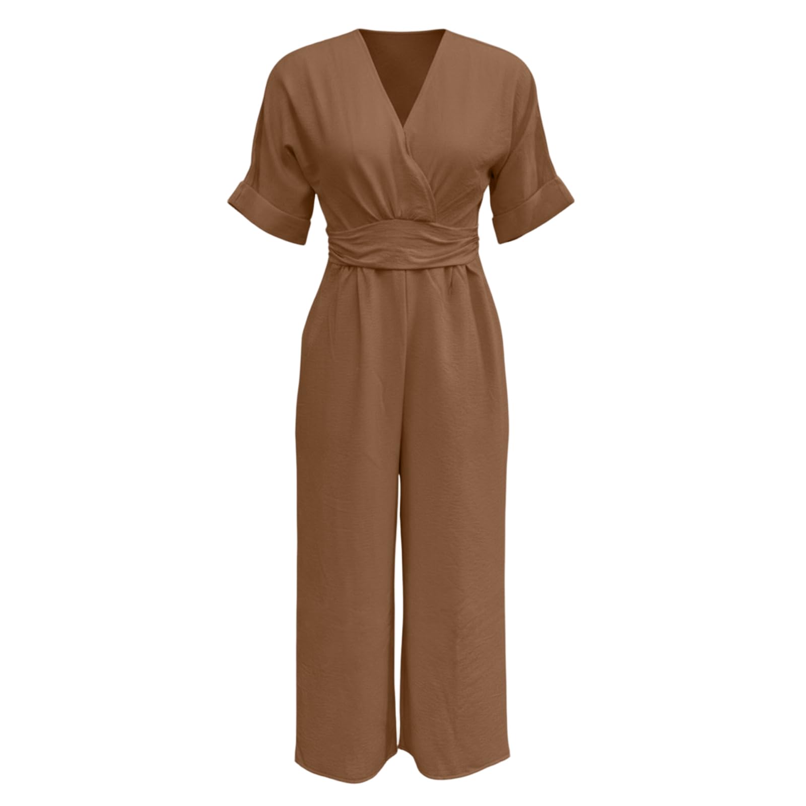 Monos Mujer Verano Jumpsuit Elegante Cuello en V Color Sólido Mono que realza la cintura Mono Mujer Casual Manga Corta con Bolsillos Holgado Clásico Palazzo Casual Sueltos Rompers con Bolsillos