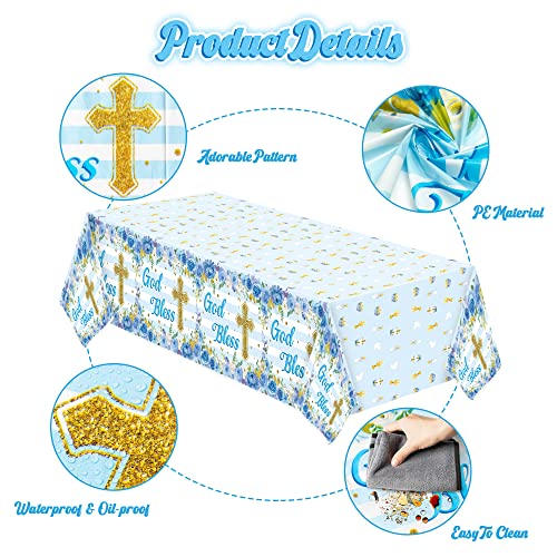 Image of 6 Packs Blue Baby Boy Baptism Party Tablecloths Decorations Flower Theme Disposable Plastic Waterproof Rectangle God Bless Table Cover for boy Baby First Communion Party Favor Supplies