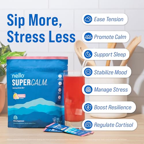 Image of Nello Supercalm Powdered Drink Mix, Cortisol Reducer and Sleep Aid Supplement, L Theanine, Ksm-66 Ashwagandha, Magnesium Glycinate, Vitamin D 3, No Sugar, Non GMO, On The Go, 20 Ct, Raspberry Lemonade