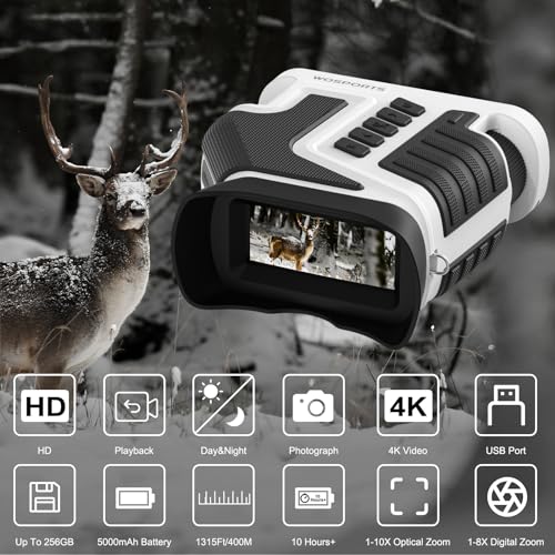 Image of WOSPORTS 4K Night Vision Goggles - 1315FT Detection, Dual Zoom (10X Optical + 8X Digital), 3 inch Screen, Rechargeable, 32GB TF Card - Perfect for Wildlife, Photo & Video, Black /White