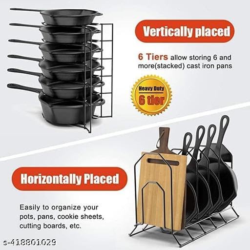 Image of 6 Tier Heavy Duty Pan And Pot Organizer /Tiered Shelf For Kitchen Cabinet|Countertop Holds Cast Iron Skillets,Griddles And Shallow Pots|- No Assembly Required
