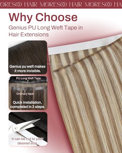 Image of Moresoo Light Brown Highlight Tape in Weft Extensions, 20 Inch, 75g, 2Pcs | Invisible PU Weft Tape in, Genius Tape in Extensions, Light Brown Highlighted Blonde, Remy Human Hair, Salon Use, Daily Wear