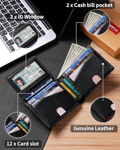 Image of Artpaxy Mens Wallet Bifold Genuine Leather RFID Blocking Wallet for Men with 2 ID Windows 12 Card Holders 2 cash pockets 1 Gift Box