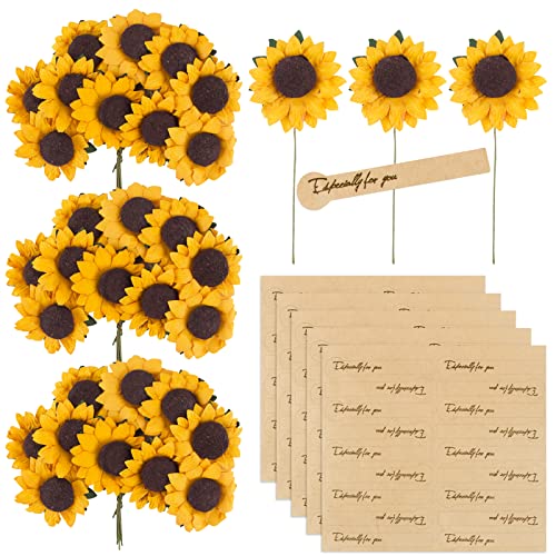 BETESSIN 100pcs Flor Artificial Pequeña de Girasol con Tallo, Ramos Girasol Artificiales con Pegatinas Papel de Felicitación, Tallo Flor Falsa para Hogar Fiesta Cumpleaños Regalo Boda Manualidad DIY