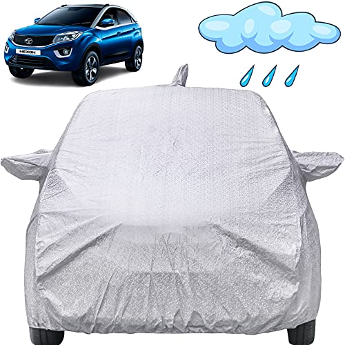 Image of Autofact Nexon Waterproof Car Cover with Mirror & Antenna Pockets, Shinning Silver Design, Non Woven Fabric,Triple Stitched, Compatible with Tata Nexon Car Cover (2017 to 2024), Nexon Car Accessories