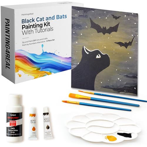 Painting4Real DIY Painting Class Kit for Adults with Video Tutorials: Learn to Paint Black Cat and Bats – How to Paint with Acrylics – Painting & Art Supplies – 9 Piece Acrylic Paint Set