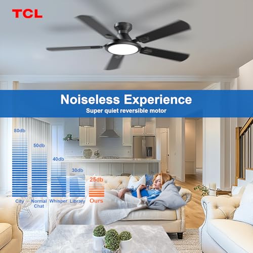 Image of TCL Ceiling Fans with Lights, 52 Inch Low Profile Ceiling Fan with Light and Remote Control, Flush Mount, DC Reversible Motor, Noiseless, 6 Speeds Ceiling Fan for Bedroom (Black)