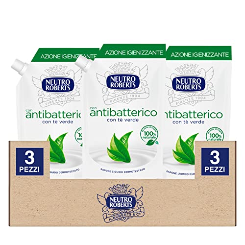 Neutro Roberts Ecopouch Ricarica Sapone Liquido Antibatterico ad Azione Igienizzante Ecoricarica con Tè Verde per Viso Mani e Corpo Dermatologicamente Testato - 3 Flaconi da 400ml