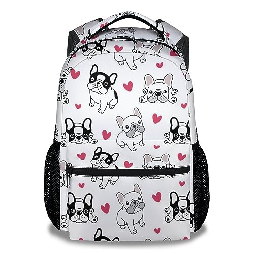 UNIKITTY French Bulldog Backpack for Girls Boys, 16 Inch White Dog theme Backpacks with Adjustable Straps, Cute, Large Capacity Bookbag for Kids School