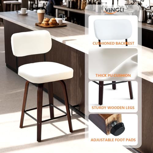 VINGLI Butaco Moderno para Bar, Giratorio 360°, Tapizado en Cuero Sintético PU, Patas de Madera Sólida, Blanco, Pack de 2 miniatura 3