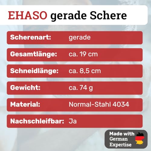 EHASO Hochwertige Gerade Hundeschere aus - Für langhaar & kurzhaar - 19 cm matt - Fellschere für Hunde & Katzen - Profischere für Jede Art von Fell direkt Solingen