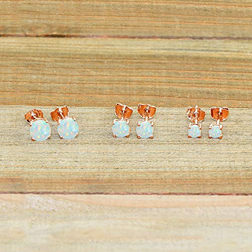Rose Gold Flash Sterling Silver Synthetic White Opal Round Stud Earrings, 3Mm 4Mm 5Mm, 3-Pairs #TOP2