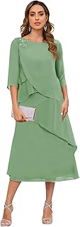 Tea Length Mother of The Bride Dresses for Women 3/4 Sleeve Tiered Chiffon Formal Dress - Buy now