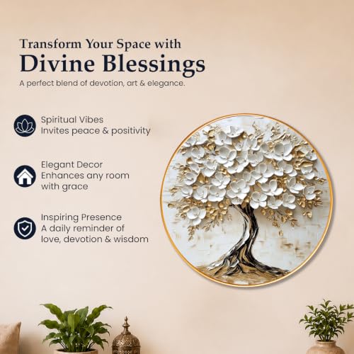 Image of PAINTINGMANTRA Tree of Life Wall Art Painting for Living Room, Floral White Flowers Painting with Round Frame for Home Bedroom and Office, 23 Inch