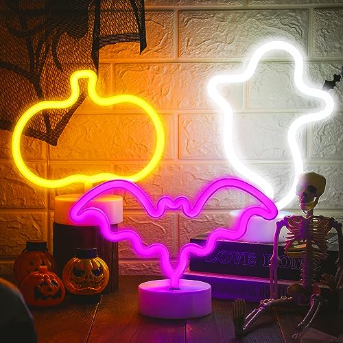 Image of Vihose 3 Pcs Neon Halloween Signs Decorations LED Spooky Ghost Pumpkin Bat