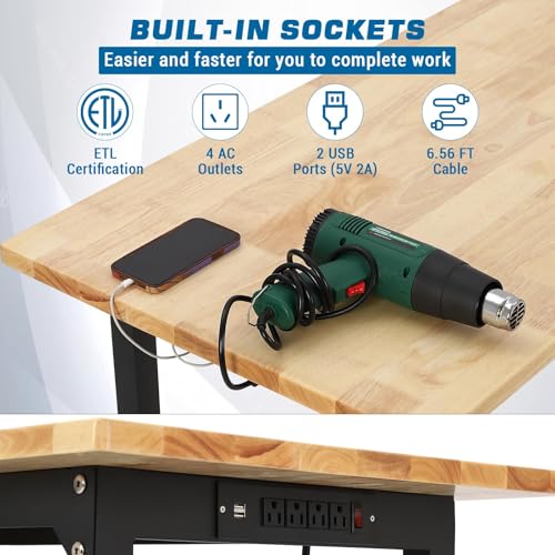 Rolling Garage Work Table,Adjustable Height Workbench Heavy Duty,24" D x 48" W Wood Work Bench with Pegboard, Power Strip and Hooks,
