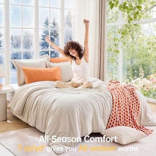 Image of MUXHOMO King Size Comforter Set, All Season Ultra Soft Down Alternative Bedding - 3 Piece Lightweight Bed Set Includes 1 Comforter (104 inchx90 inch) and 2 Pillow Shams (20 inchx36 inch), Linen