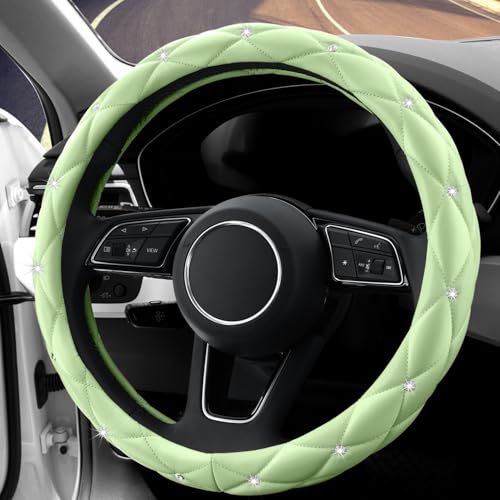 Image of YOGURTCK Cute Diamond Soft Leather Anti-Slip Steering Wheel Cover with Bling Bling Crystal Rhinestones, Universal 15 Inch for Women Girls, Fit Vehicles, Sedans, SUVs, Vans, Trucks - Neon Green