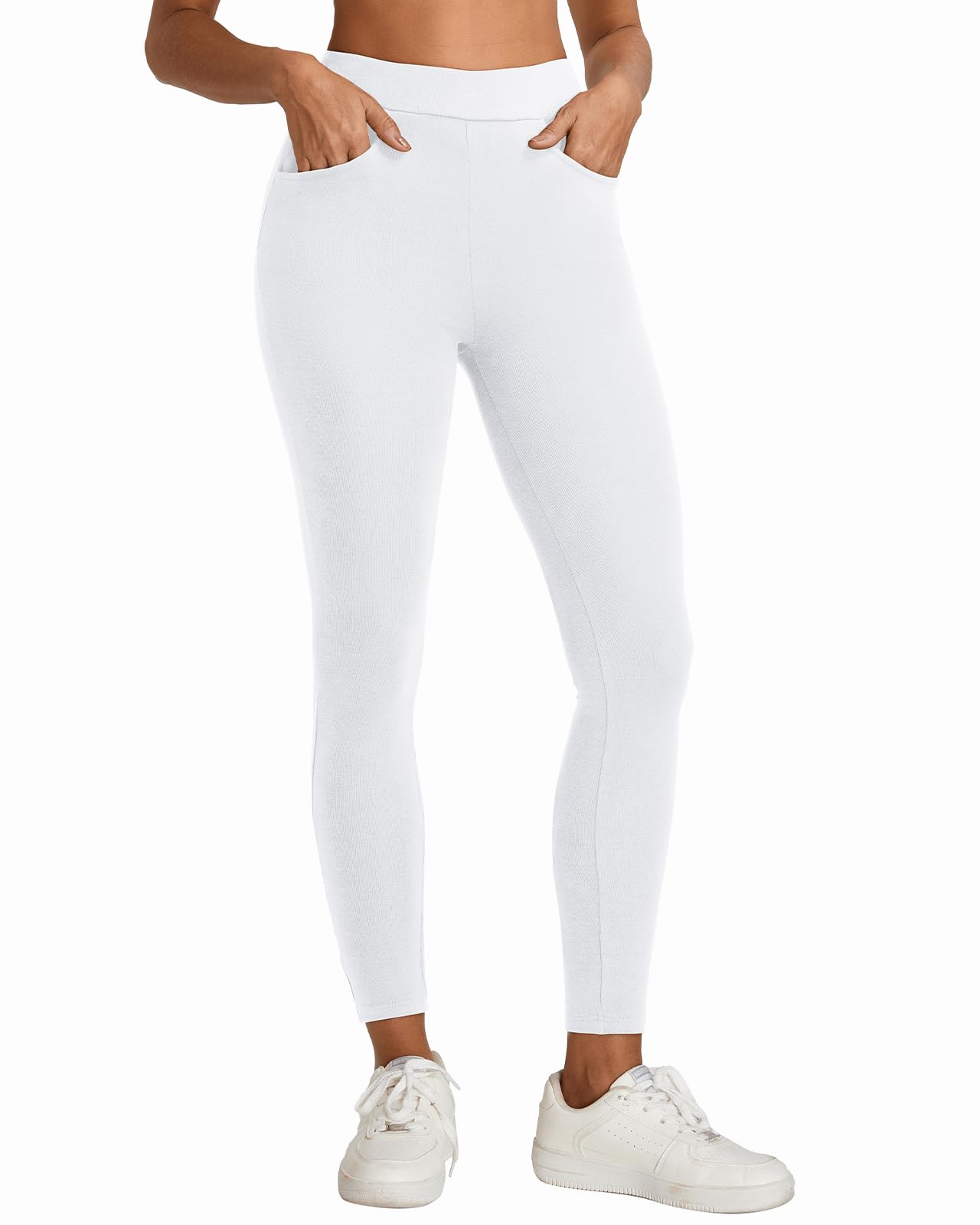 Damen Leggings aus Baumwolle mit Taschen, Blickdichte Lang Leggins für Damen Stretch Bequeme