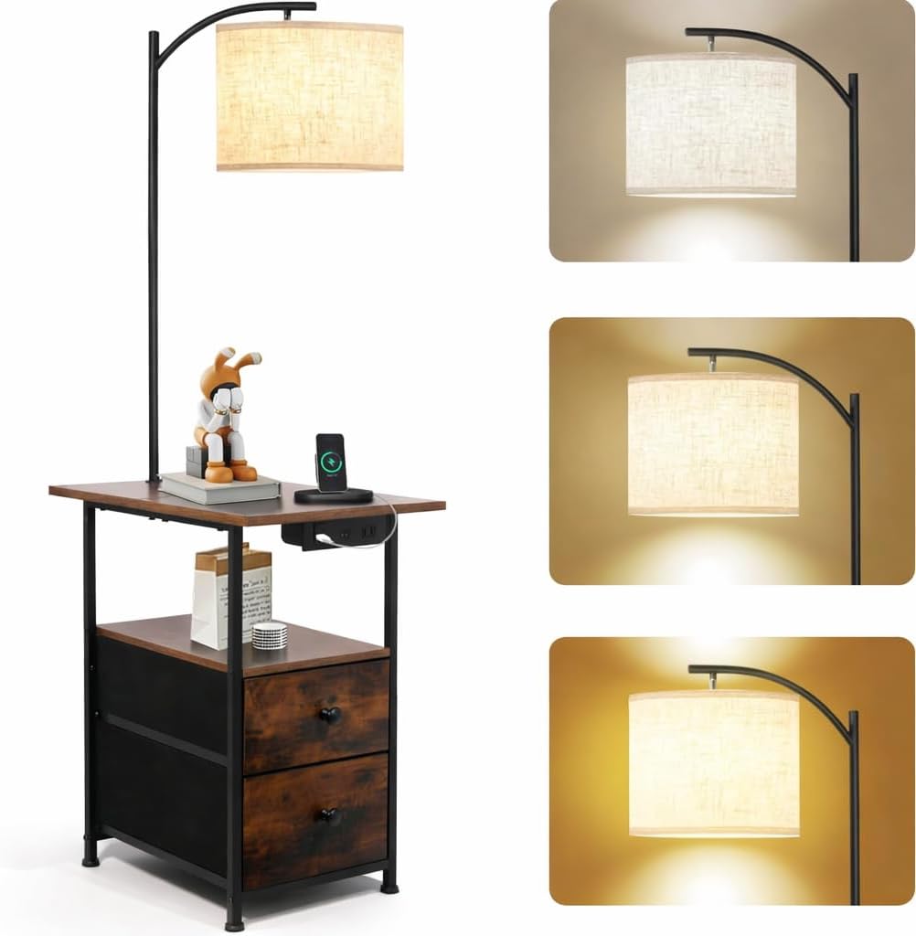 PESRAE Floor Lamp with Table & 2 Drawers, End Table with 3 Color Temperature Reading Light, Side Table Lamp with USB & Type C & AC Charging Port for Living Room, Bedroom (Rustic Fusion Brown)