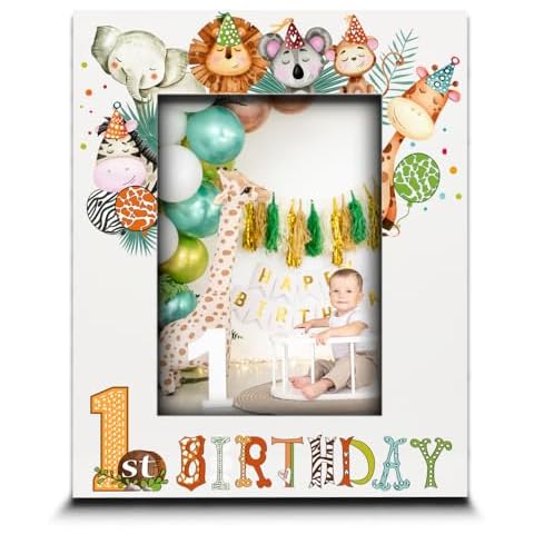 BELLA BUSTA-1st Birthday Picture Frame-Safari Animal Birthday Theme- Little One's First Year -UV Print Photo Frame (5x7 VERTICAL) Cover