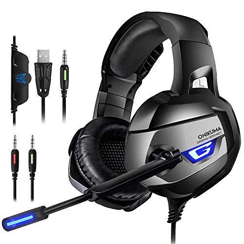 Casque Gaming, ONIKUMA Casque Ps4 avec Microphone Anti Bruit 4D Son Surround 7.1 Stéréo Arceau Réglable & Lumiere LED Casque Gamer pour Playstation/PC/Switch/Xbox/Mac/PSP (Black)