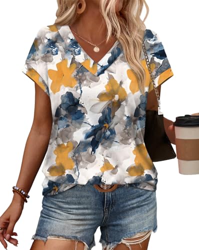Womens T Shirts V Neck Cap Sleeve Summer Tops Basic Women Blouses Beach Vacation Spring Clothes