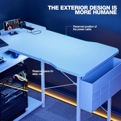 Image of Acrolix L Shaped Gaming Desk 48 Inch - Computer Corner Desk with Power Outlets, Reversible Shelves & Storage Bag for Home Office, PC Gaming Table, White Carbon