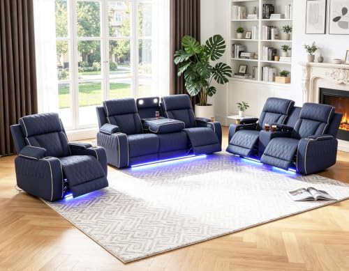 Bicerkib Power Recliner Sofa Set for Living Room Furniture Sets,Leather Reclining Sofa Set with LED Lights/USB Ports/Hidden Storage,Leather Couch Set for Living Room/Home Theater/Club(Navy,3+2+1)