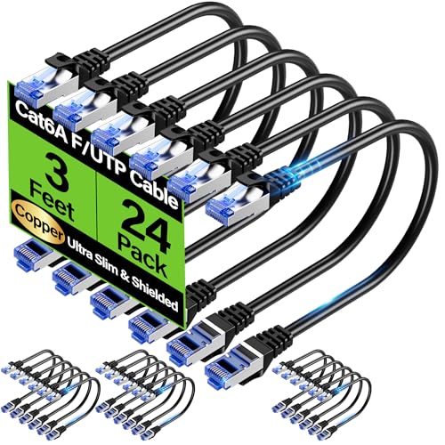 Image of Cat6A Ethernet Cable Shielded 10Gbps 3 ft (24 Pack), Slim Shielded (F /UTP) Ethernet Cable Cat 6, Flexible 28AWG Bare Copper Cat6 Cable, Space-saving Cat 6a Network Cable for Server, Data Center, Black