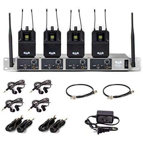 CAD Audio GXLIEM4 Frequency Agile Wireless In Ear Monitor System -Four discrete mixes - includes 4 MEB1 Earbuds, 4 Bodypack Receivers, Rack Mount Ears and Antenna Relocation Kit ,Black Cover