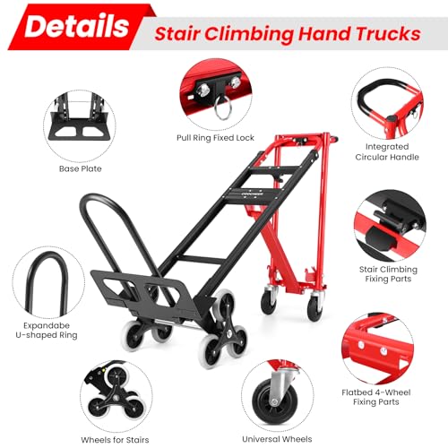 Image of Heavy Duty Stair Climbing Hand Truck - 1000 LBS Capacity 4-in-1 Convertible Dolly Cart, Foldable Platform Utility Cart for Moving Boxes, Industrial Grade Steel Construction(red)