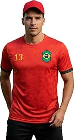 Camisa Brasil Uniforme de Futebol Vermelho com Número 13Tecido Esportivo Presente Amigo Secreto