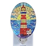 VOUWOWOX Lighthouse Stained Glass Styled Night Light Plug in – Made with Real Glass, Bulb Included, On/Off Switch – Nautical Beach Theme Bathroom, or Beach House Accent Light Dawn Blue