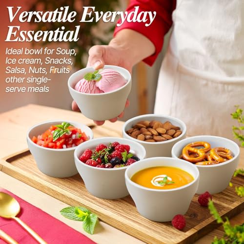 Flexzion Bouillon-Tasse und Suppenschüsseln, 237 ml, Porzellan, 237 ml, kleine Dessertschalen, Dip-Saucenschüssel, 6er-Set, mikrowellen- und spülmaschinenfest, Weiß