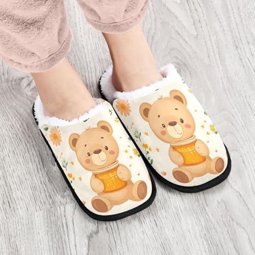 Cute Teddy Bear Honey Plush Slippers for Women Men Warm Comfortable Travel Spa Slipper Non-slip House Shoes4