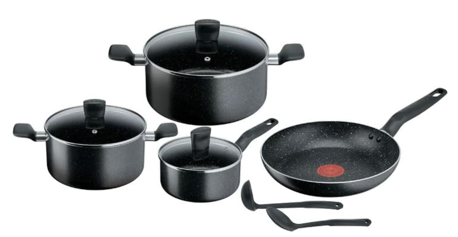 Tefal Dark Stone 9 pc set Non-stick Cooking Set, Safe coating Cookware, Heat indicator, Ergonomic handles, Glass lid,B491S985