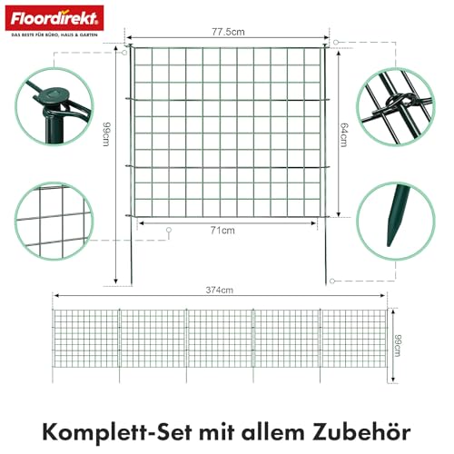 Floordirekt Teichzaun Gartenzaun Steckzaun Komplettset Metall 5X Gerade, Zaun zum stecken für Garten, Gitterzaun Set Freigehege für Tiere Pablo Anthrazit