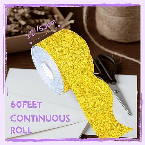 Image of 60 Feet Bulletin Board Borders, Golden Glitter Rolled Border Trim Scalloped Board Border with Wavy Line Design Decoration for School, Classroom & Office (Pack of 3)