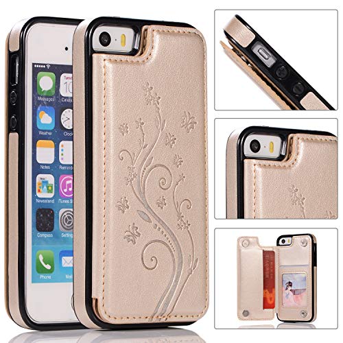 QFUN Back Wallet Case for iphone 5/5S/SE with Stand, Elegant Embossed Design [Butterfly Flower] Lightweight Slim Fit Leather Phone Case with Card Holder Protective Bumper Flip Cover - Gold