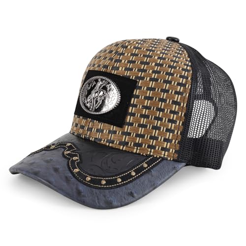 Image of Straw Design Metallic Rodeo Cowboy Horse Metal Logo Trucker Mesh Baseball Cap