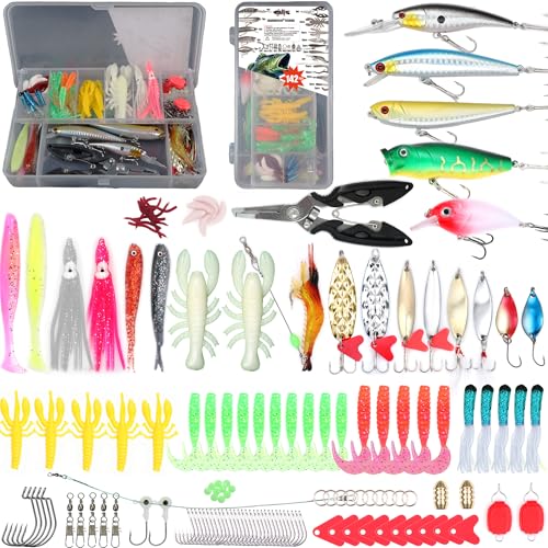 𝗘𝗫𝗔𝗨𝗥𝗔𝗙𝗘𝗟𝗜𝗦 Fishing Gear Fishing Lures Kit 142pcsTackle Box Included Crankbaits Spoon Pliers Hooks Jigs Weights and Other Accessories Swimbait Lure Gear Kit Gifts Bass Lure Freshwater