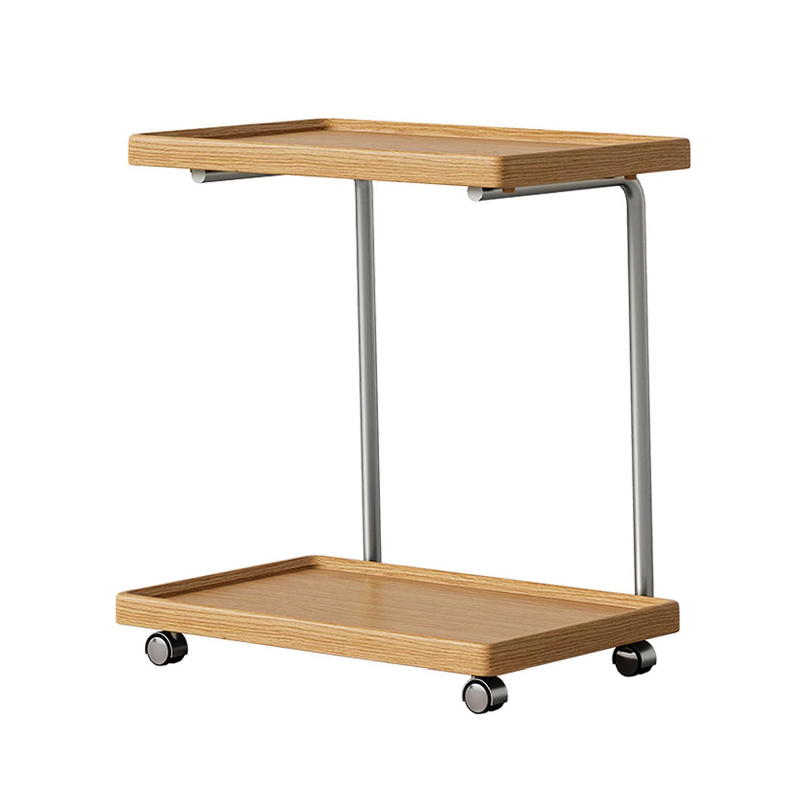 SXZenSpace C Shaped TV Tray Tables with Rolling Casters And Storage Shelf,Solid Wood End Table Metal Frame,Couch Side That Slide under for Living Room