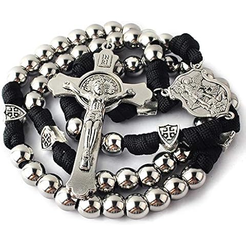 HanlinCC 10mm Stainless Steel Beads Large and Heavy Rugged Durable Paracord Rosary for Men with St.Michael Center Piece and St.Benedict Crucifix, Stainless Steel, crucifix Cover