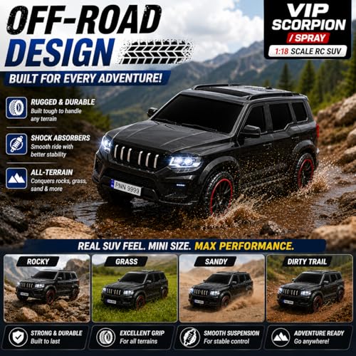 Image of The Flyers Bay 1:18 Scale Scorpio-Style Remote Control SUV Car for Kids | 2.4GHz Long Range Remote, Spray Mist Effect, Police Lights & Siren, Rechargeable Battery (Black)