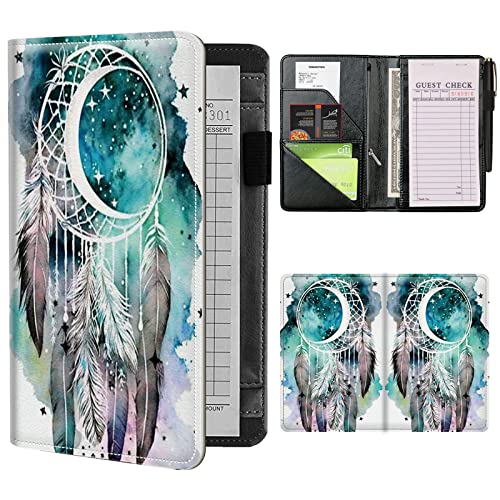 Server Books for Waitress Waiter with Zipper Pocket, Dreamcatcher Leather Server Pads Waitstaff Organizer Guest Check Presenters Server Wallet Money Holder Pouch Fit Apron
