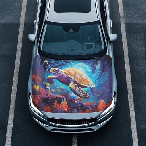 Image of Turtle Print Car Hood Cover Easy to Install Car Hood Cover Protector Elastic Fabrics Can be Washed Stretch Polyester Fabric Cover Personalized Suitable for Cars